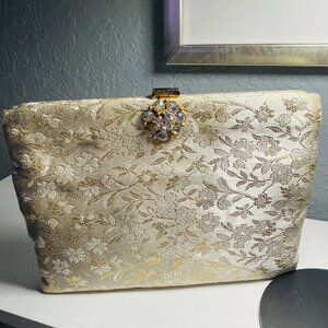 VINTAGE 1950s Ingber Gold Brocade Jeweled Clutch w Mirror Set
